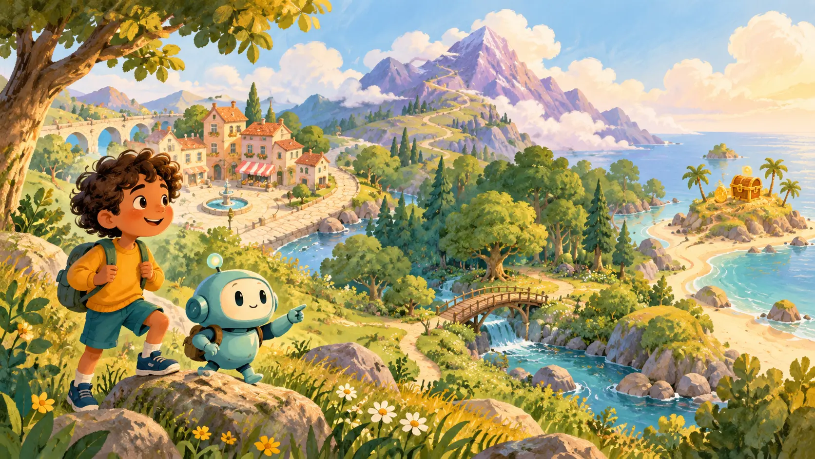 Milo and Nova look across a storybook landscape with a town, mountain, forest bridge and island.