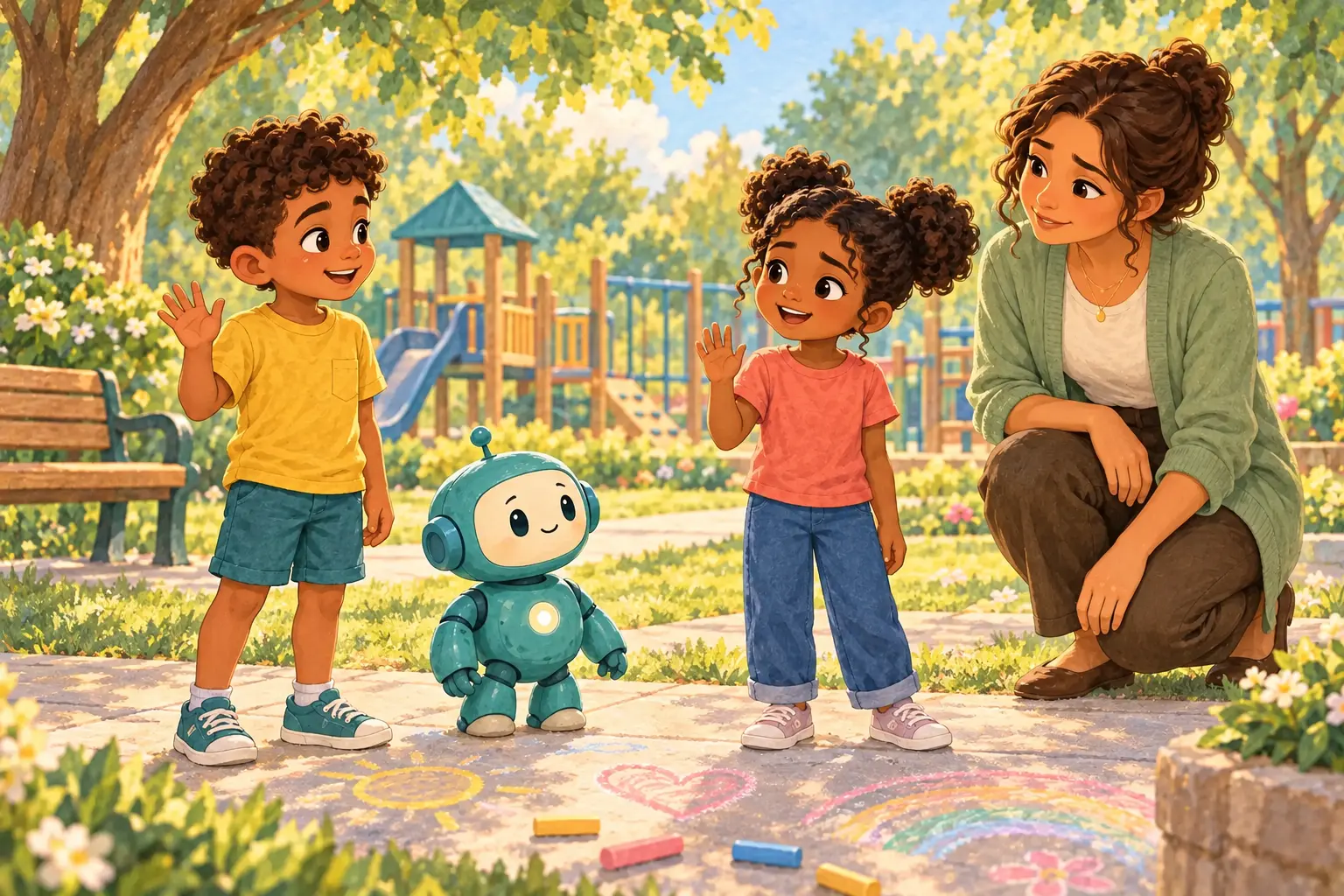 Milo greets Ari at the park, with her grown-up nearby and space between them.