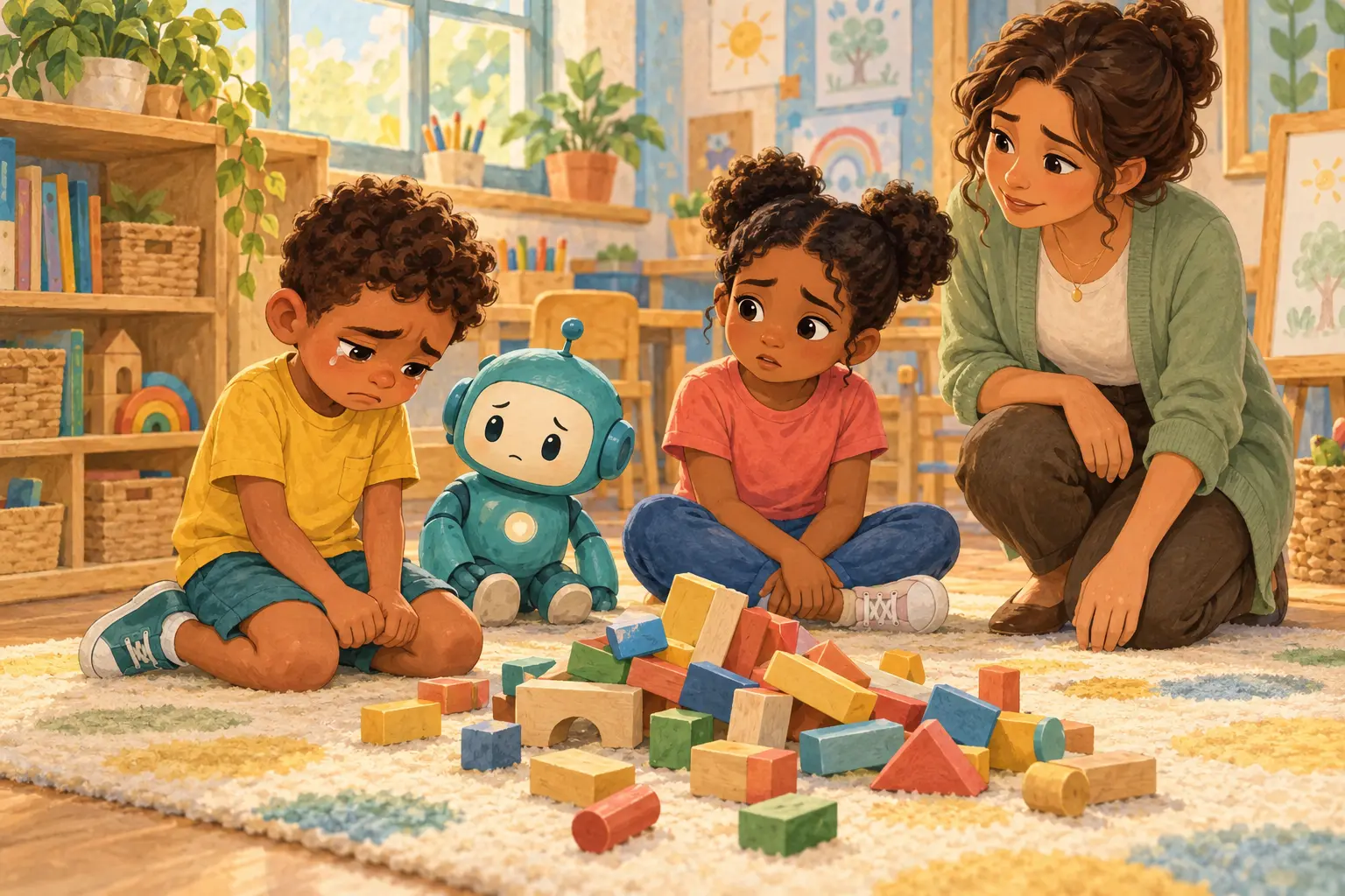 Milo and Ari sit beside fallen blocks with Nova and their teacher.